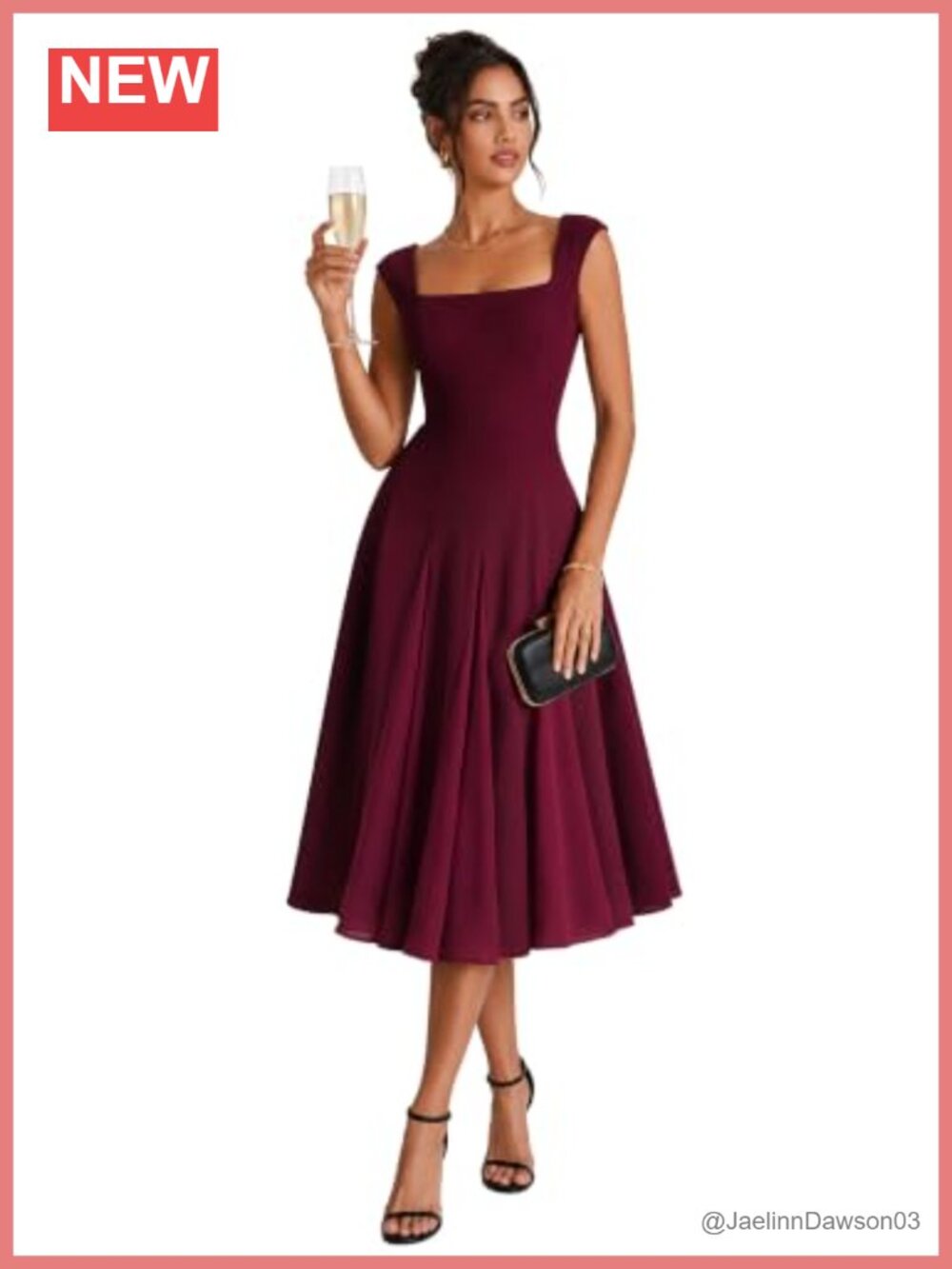 Midi Cocktail Wedding Guest Dress with Cap Sleeves and Square Neck